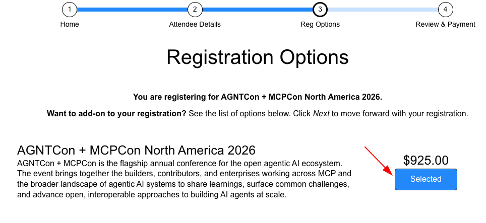 AGNTCon + MCPCOn registration options page showing $935 attendee pass selected
