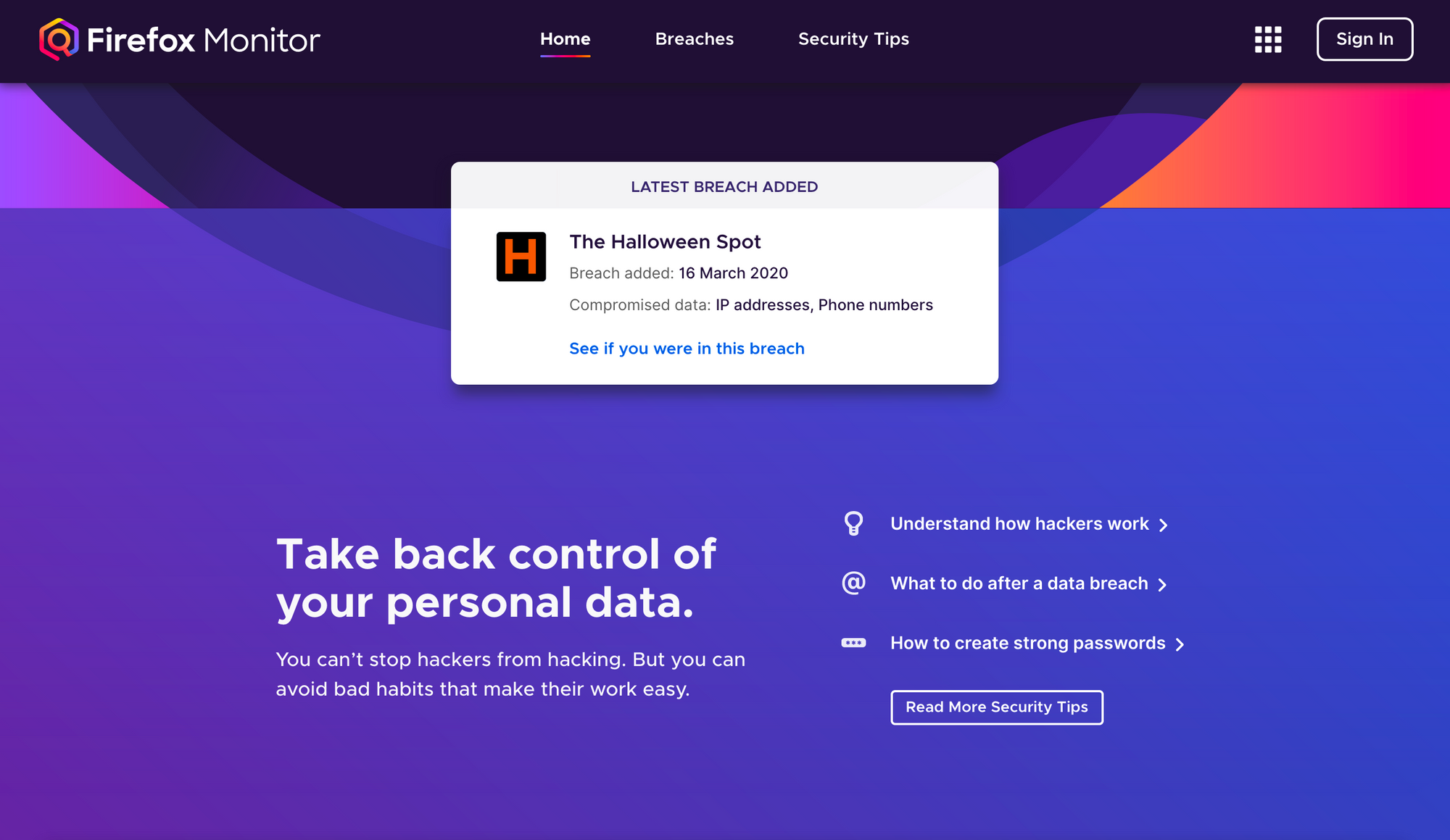 The latest breach window with links to security tips.