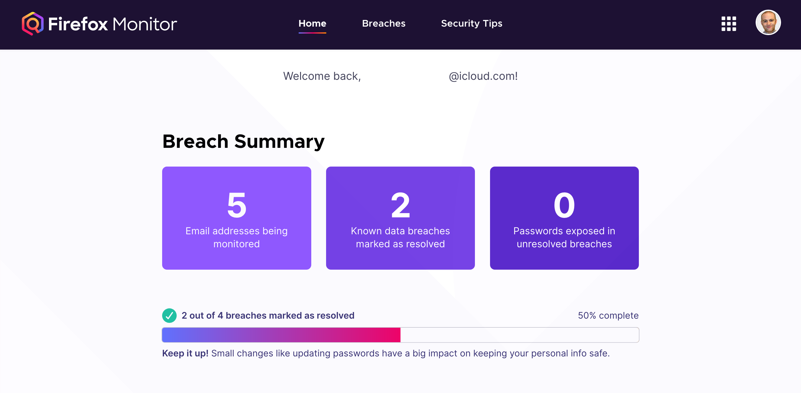The Breach Summary report on the home page when signed in.