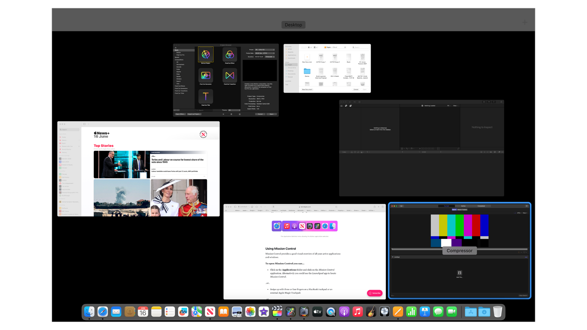 The Mission Control feature showing an overview of all active application windows.