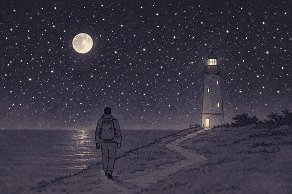 Man walking towards a distant lighthouse by the shore.