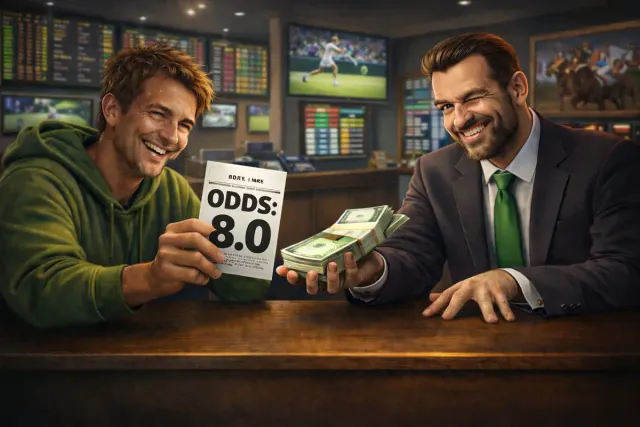 Bettor handing money to a bookmaker for a longshot bet at odds of 8, illustrating how bookmakers profit more from high-odds bets