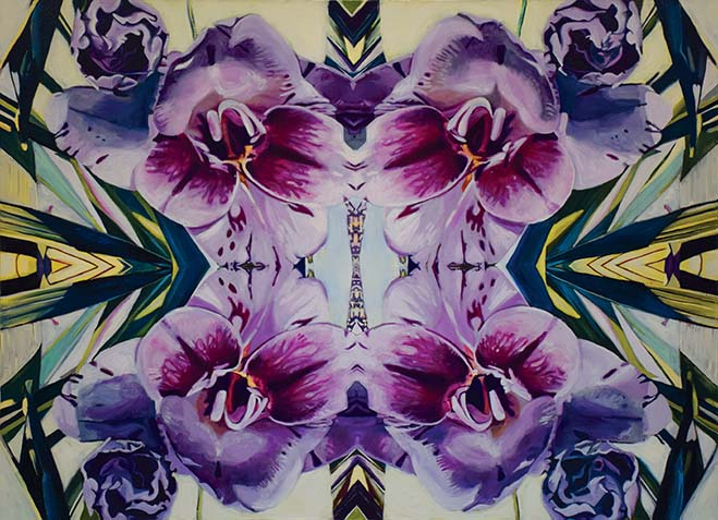 A painting featuring purple flowers that are mirrored in the style of a kaleidoscope