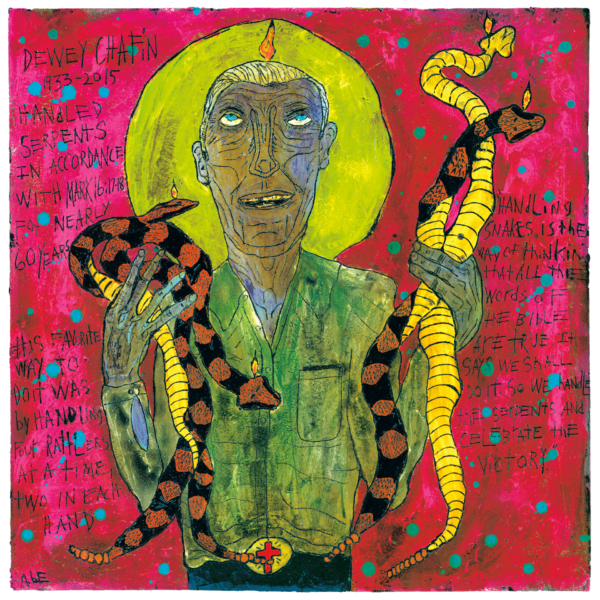 A folk-style painting featuring a man holding snakes