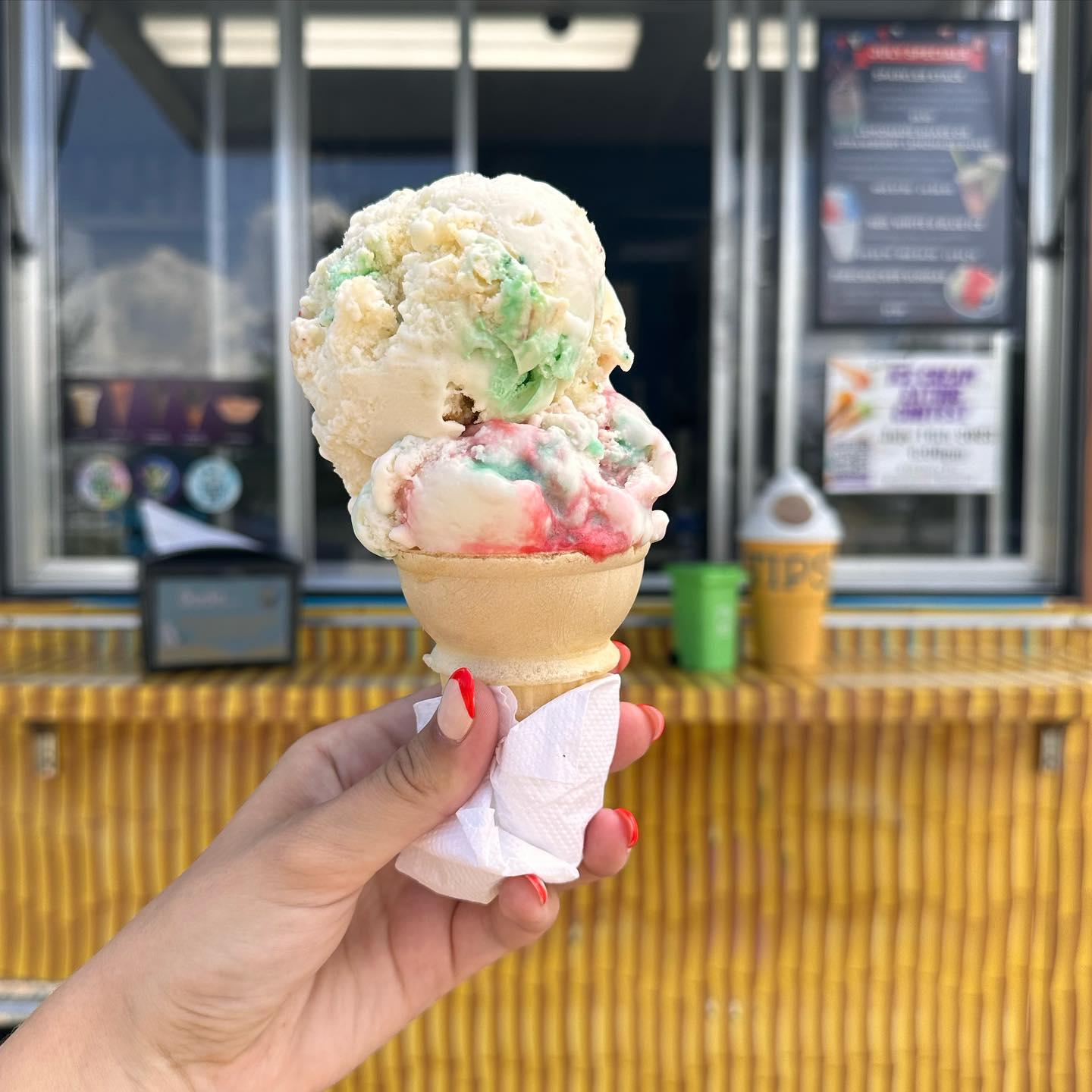 The Little Debbie's Christmas Tree cake and Peppermint ice cream from Turtle Roll Homemade Ice Cream & Shaved Ice