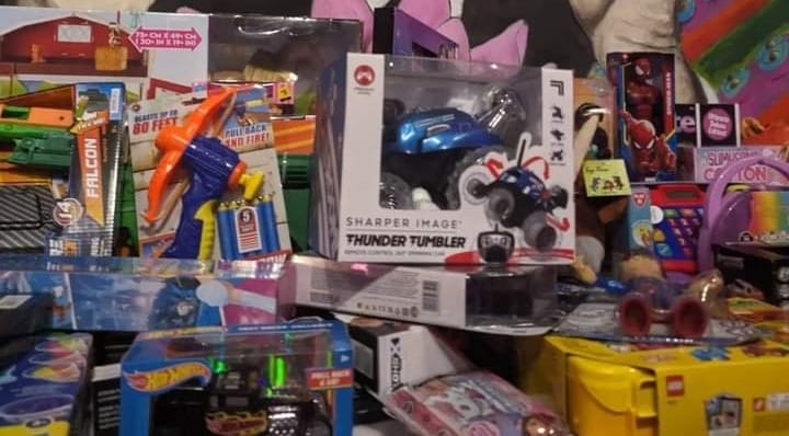 The donation table packed and stacked