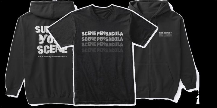 Scene Pensacola hoodie (back), t-shirt, and hoodie (front)