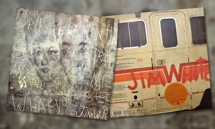 The front and back cover of Jim White's album "Drill a Hole in That Substrate and Tell Me What You See"