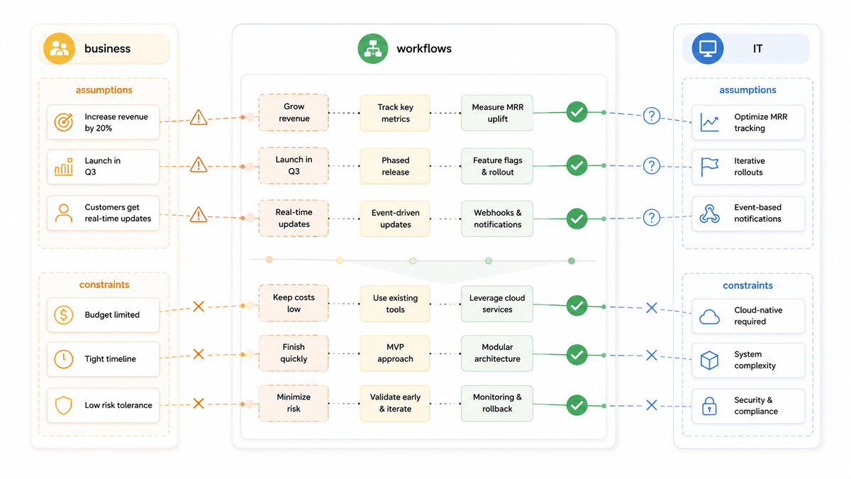 Illustration showing business and IT teams connected through a platform and workflow diagram, highlighting different assumptions and perspectives.