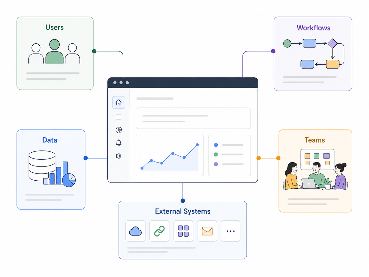 Diagram showing a central platform connected to users, workflows, data, teams, and external systems.