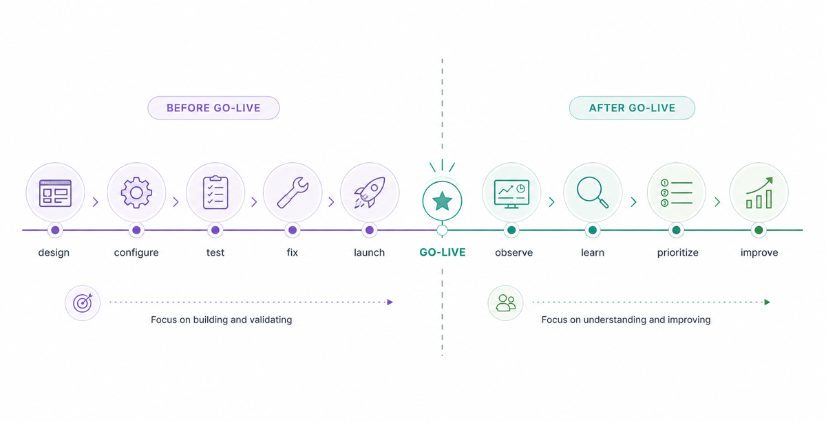 Illustration showing a platform journey before and after go-live, moving from design and testing to observation, learning and continuous improvement.