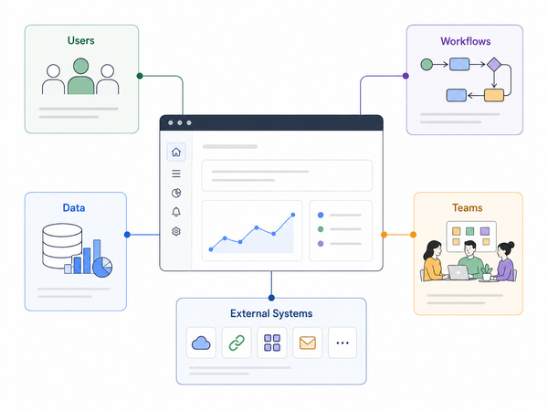 Diagram showing a central platform connected to users, workflows, data, teams, and external systems.