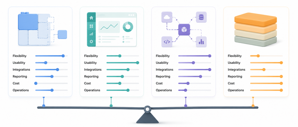 Illustration comparing multiple platform options and the trade-offs between flexibility, usability, integrations, reporting, cost, and operational complexity.