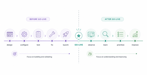 Illustration showing a platform journey before and after go-live, moving from design and testing to observation, learning and continuous improvement.