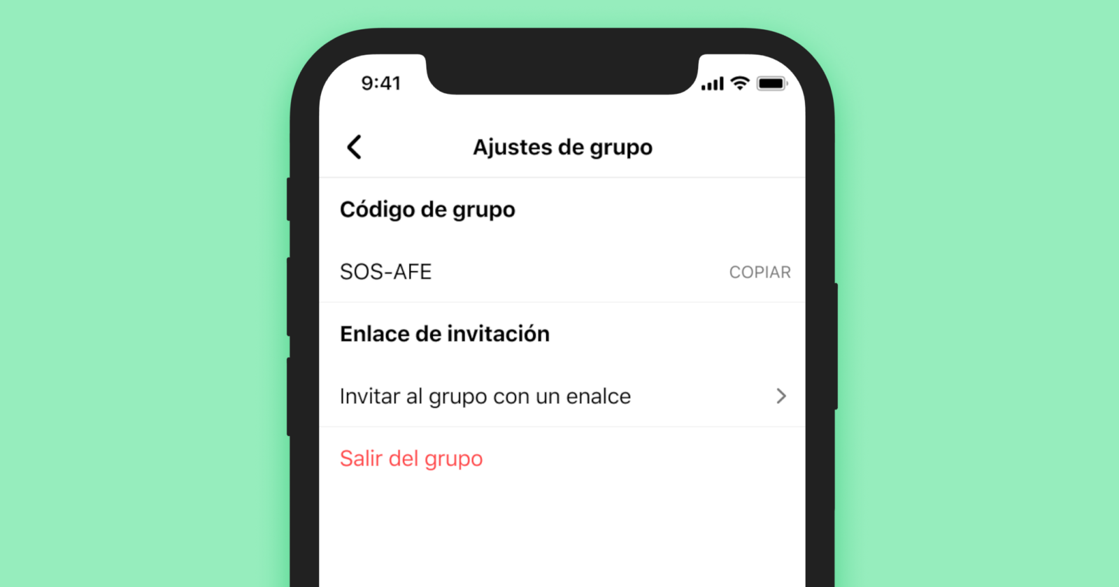 Comparte el código del grupo para que otros puedan unirse al grupo.