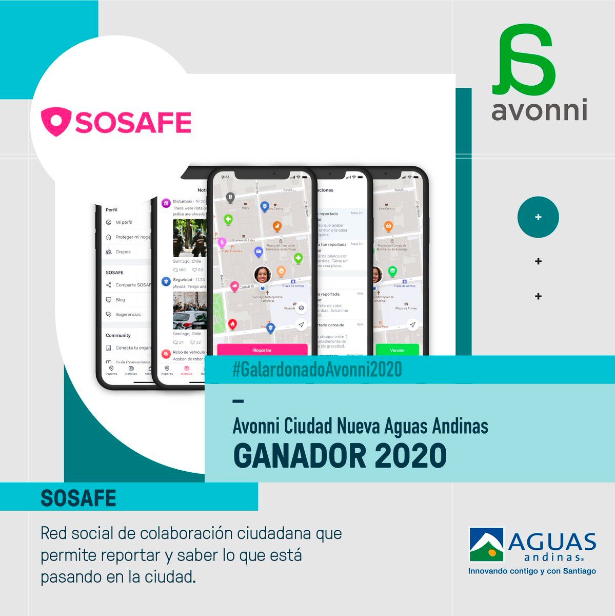 SOSAFE ganó el premio Avonni 2020 en la categoría de Ciudad Nueva de Aguas Andinas.