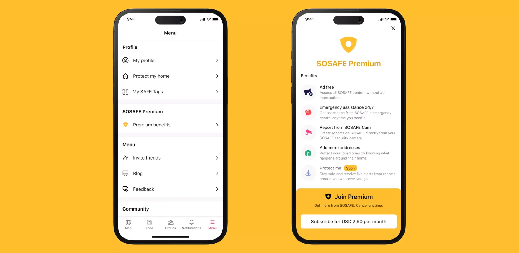 Para acceder a SOSAFE Premium, navega desde el menú de SOSAFE a la sección que dice "Beneficios premium" y luego presiona sobre el botón para suscribirte.