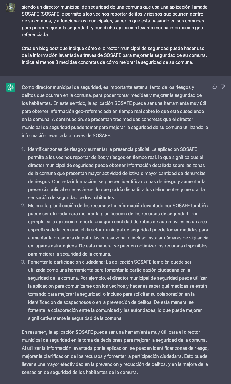 El prompt y la respuesta de chatGPT para mejorar la seguridad de una comuna que usa SOSAFE.