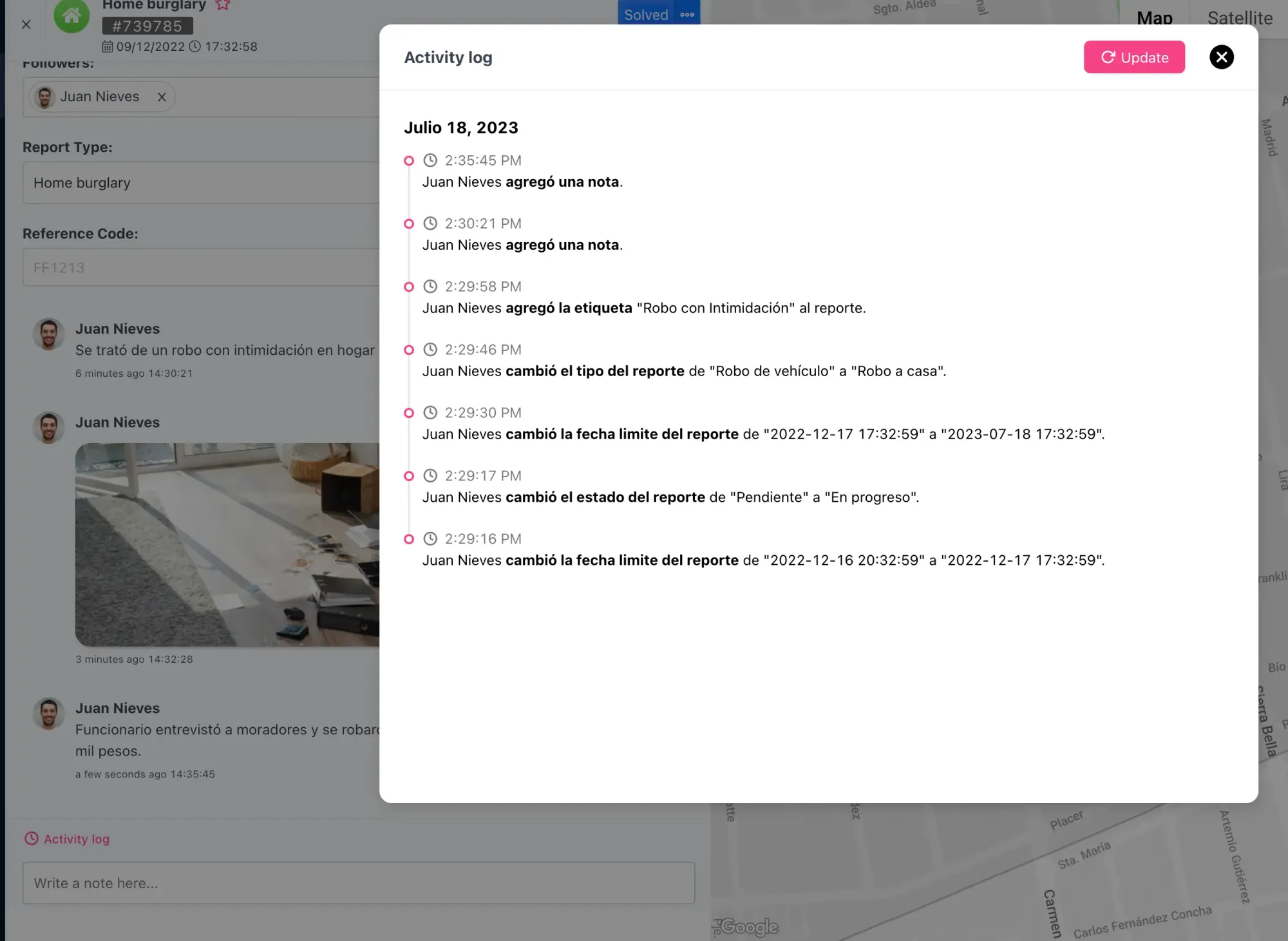 Vista con el detalle de un reporte y su registro de actividad.
