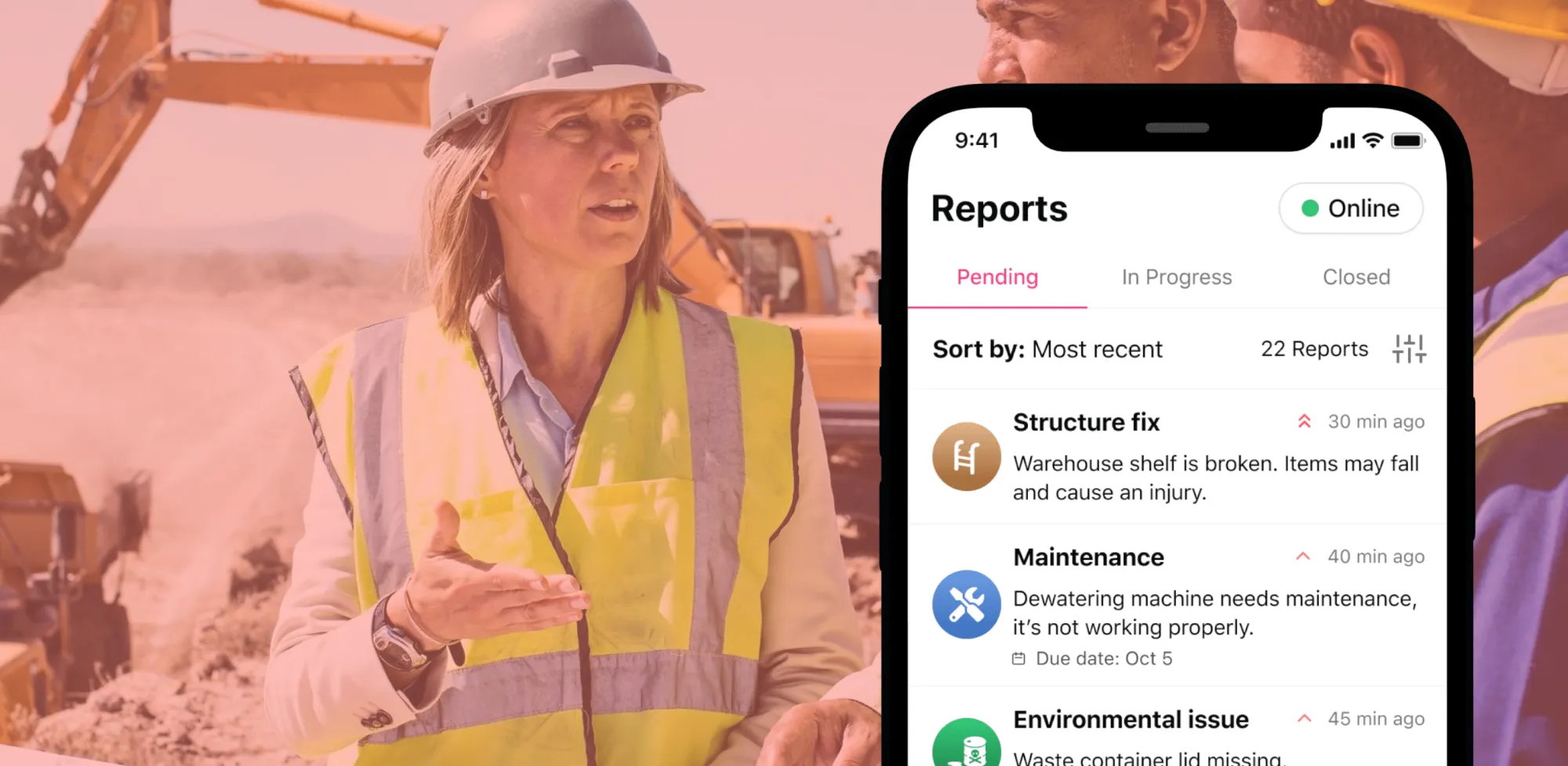 Fondo de una trabajadora en una mina con la aplicación SOSAFE GO en el frente.