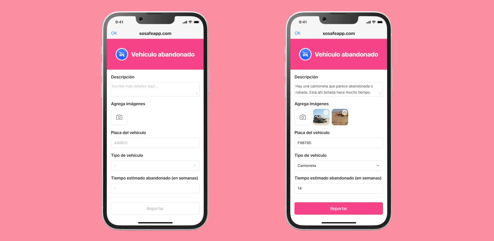 Dos teléfonos mostrando el paso a paso para reportar en SOSAFE con campos personalizados.