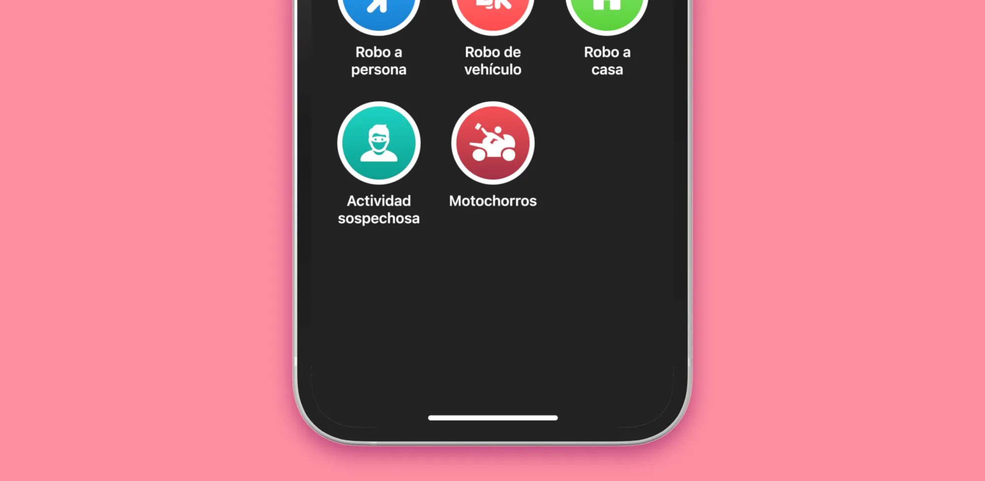Teléfono mostrando botonera de aplicación SOSAFE con nuevo botón de "Motochorros".