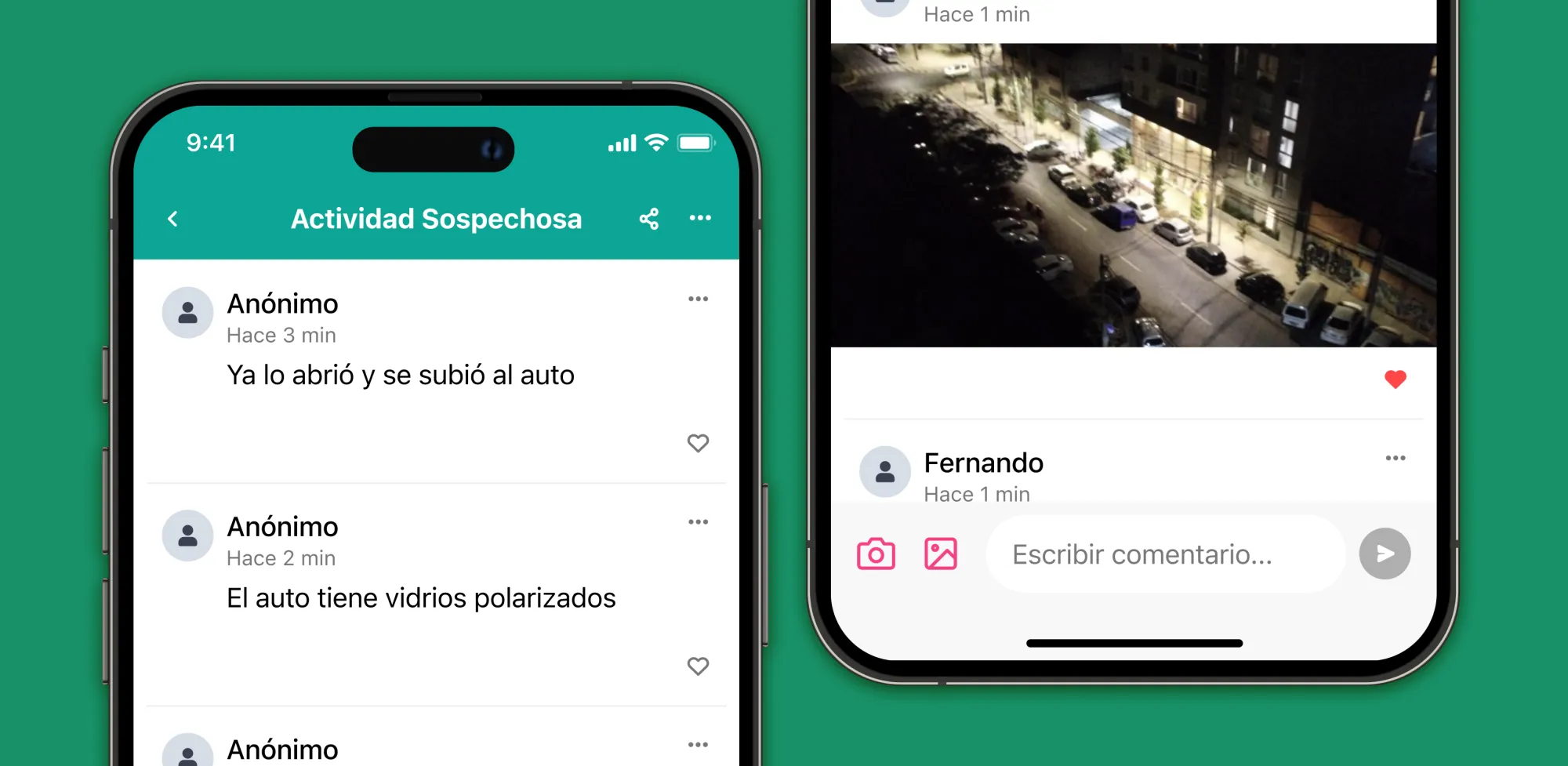 Dos mitades de teléfonos móviles mostrando un reporte de Actividad Sospechosa y comentarios en la aplicación SOSAFE.