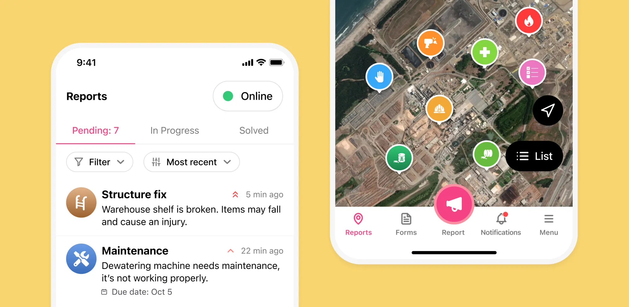 Dos capturas de pantalla que muestran la sección de reportes de SOSAFE GO: una como lista con varios reportes, y la otra con esos mismos reportes como pines en un mapa.
