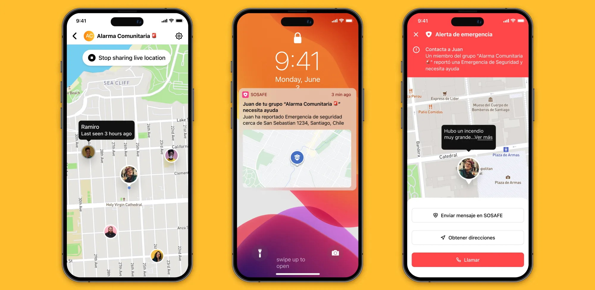 Tres imágenes mostrando las funcionalidades Premium de SOSAFE en grupos.