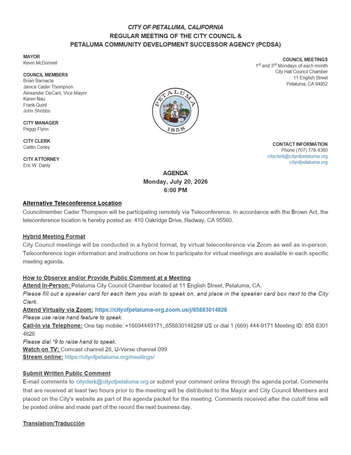 First page of Meeting agenda - City of Petaluma