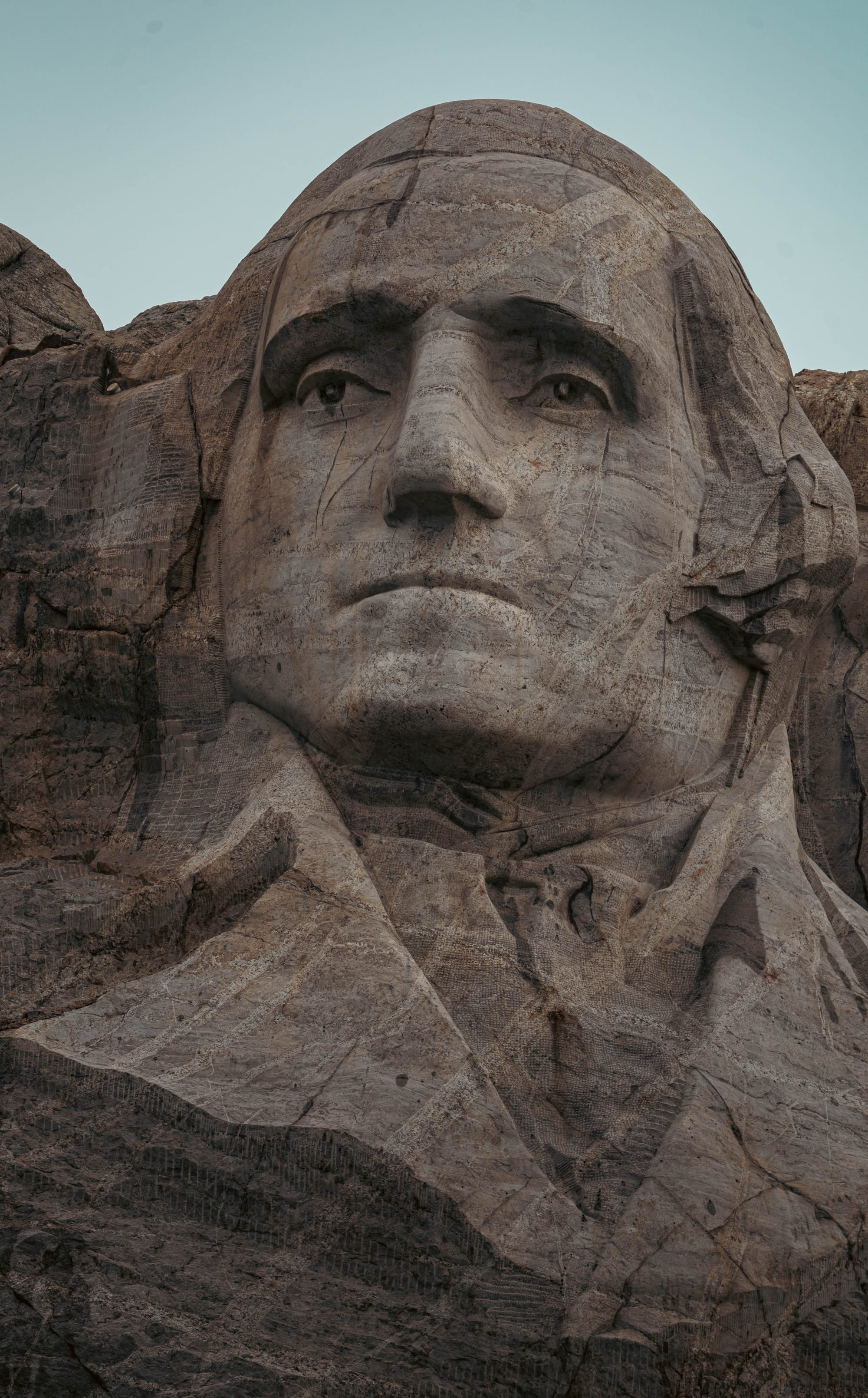 Close view of George Washington's carved face at Mount Rushmore National Memorial.