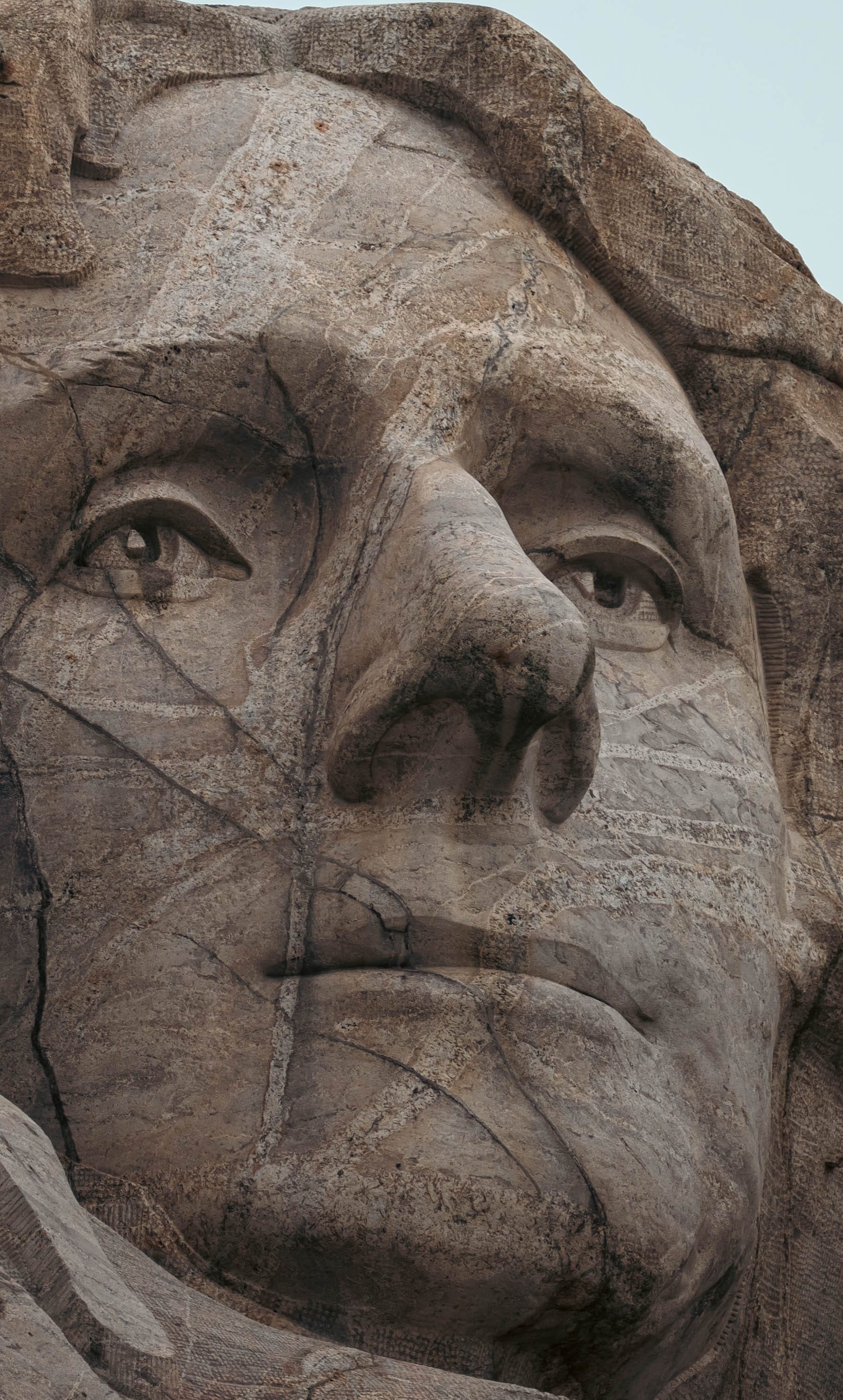 Close view of Thomas Jefferson's carved face on Mount Rushmore.