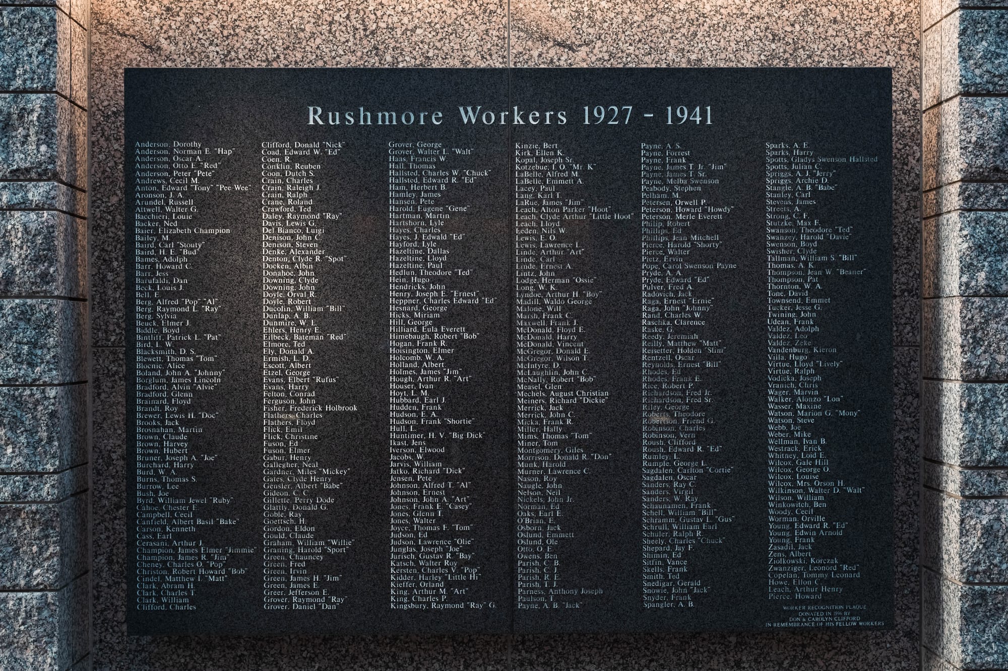 Memorial plaque listing the workers who helped carve Mount Rushmore from 1927 to 1941.