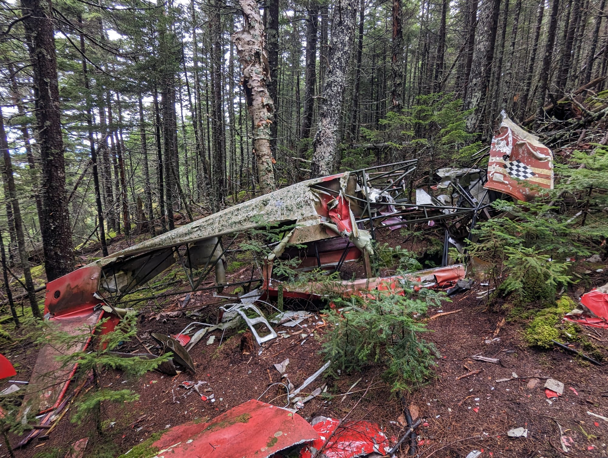 Wreckage from a small aircraft scattered among trees beside the Appalachian Trail in Maine.