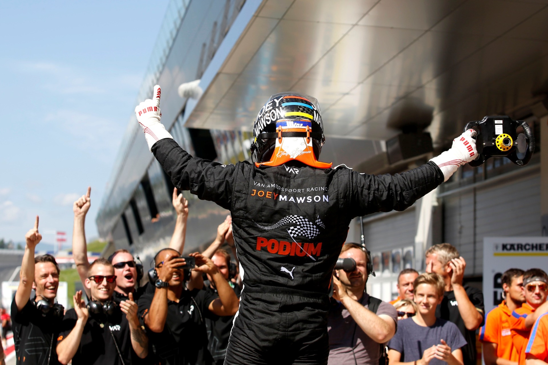 Joey Mawson celebrates with the Van Amersfoort Racing AV team