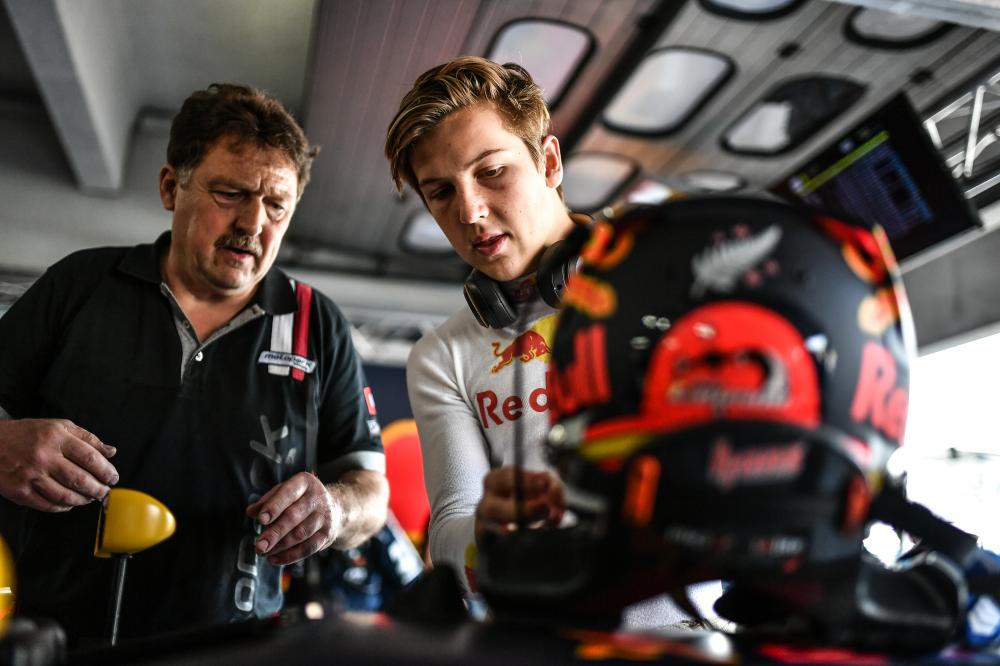 Liam Lawson prepares for qualifying at Hockenheim.
