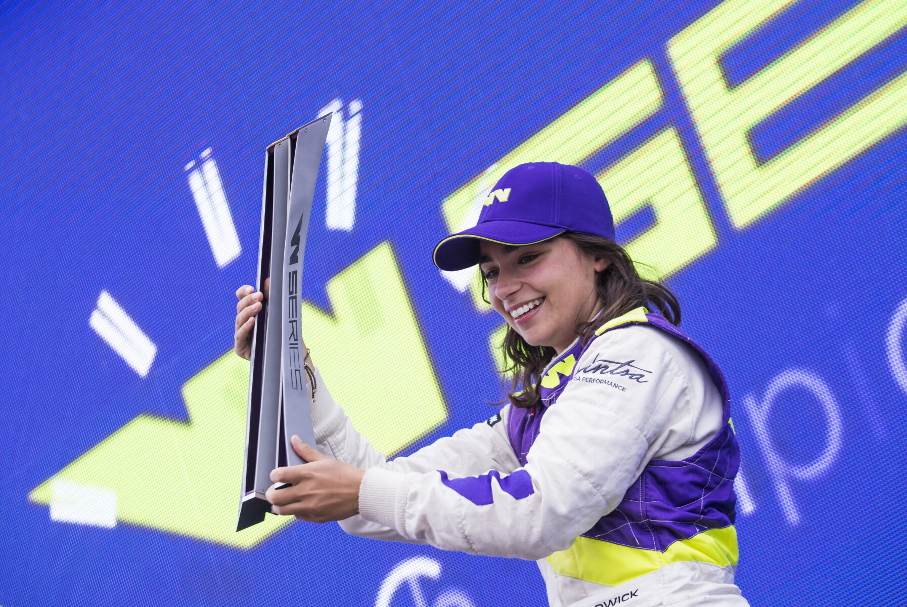 Jamie Chadwick celebrates winning the inaugural season of the all-women W Series. Image: W Series
