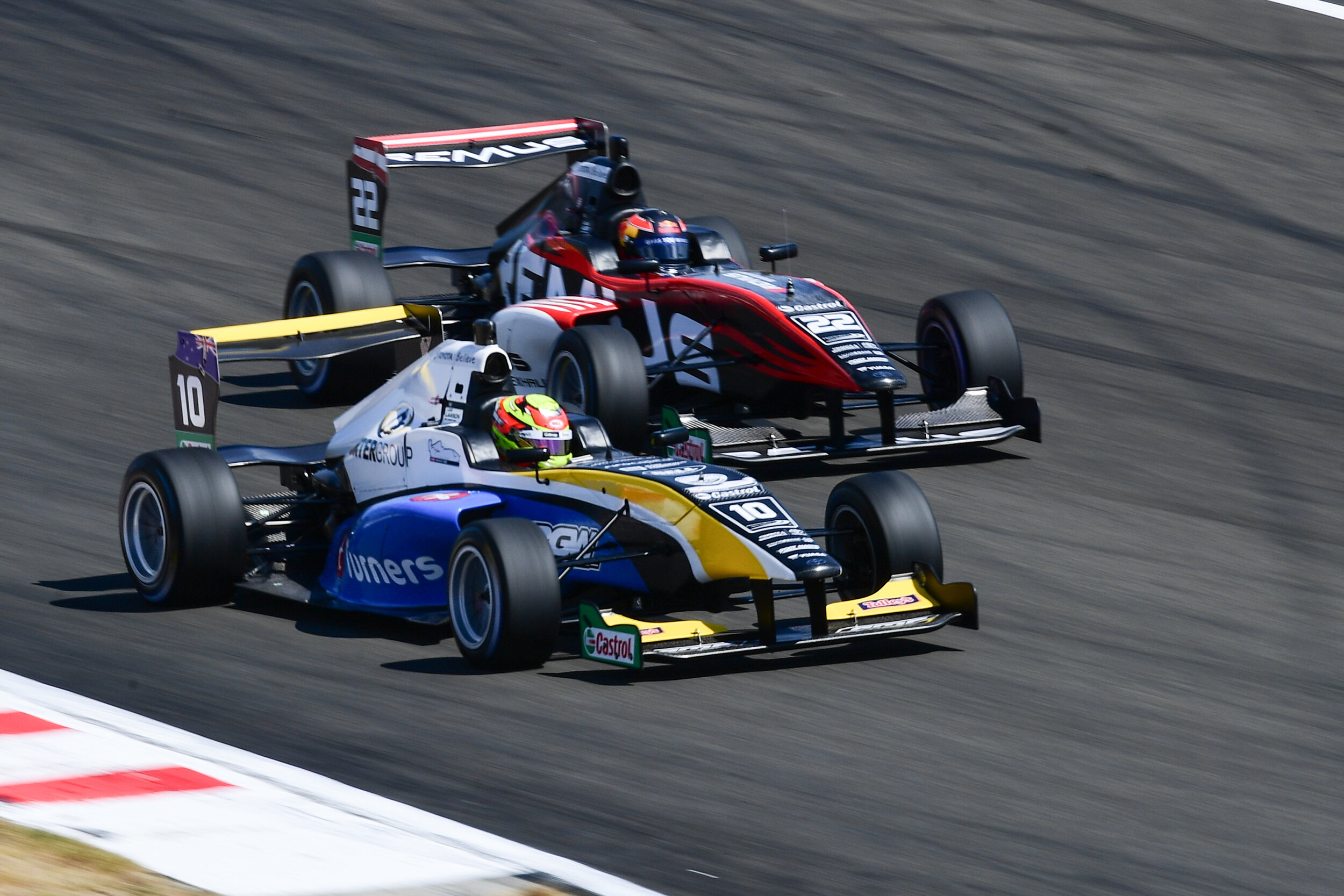Liam Lawson and Marcus Armstrong battle it out during the 2019 New Zealand Grand Prix.