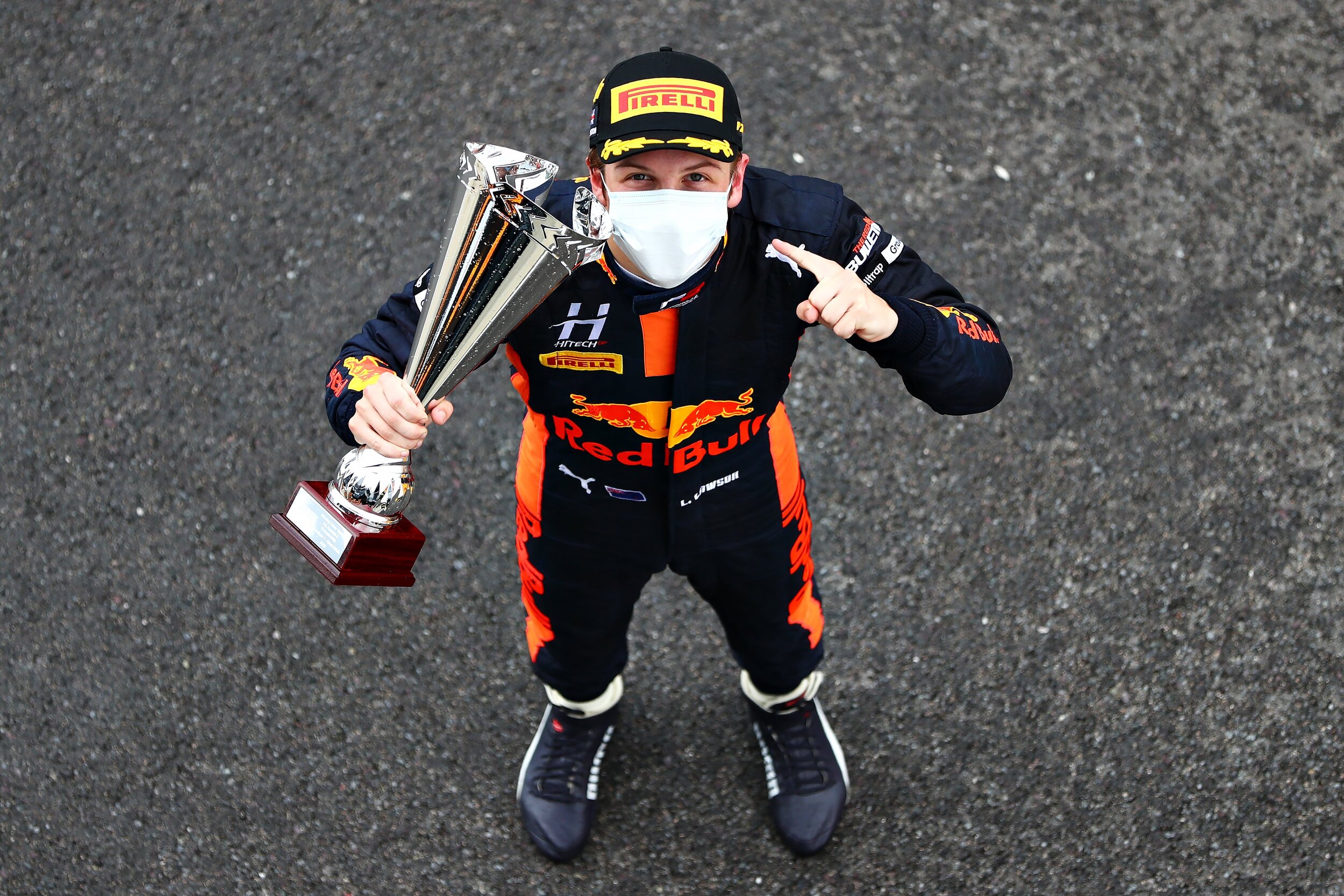 Liam Lawson celebrates winning Race 1 at Silverstone in FIA Formula 3. (Image: Supplied/Formula Motorsport Limited)