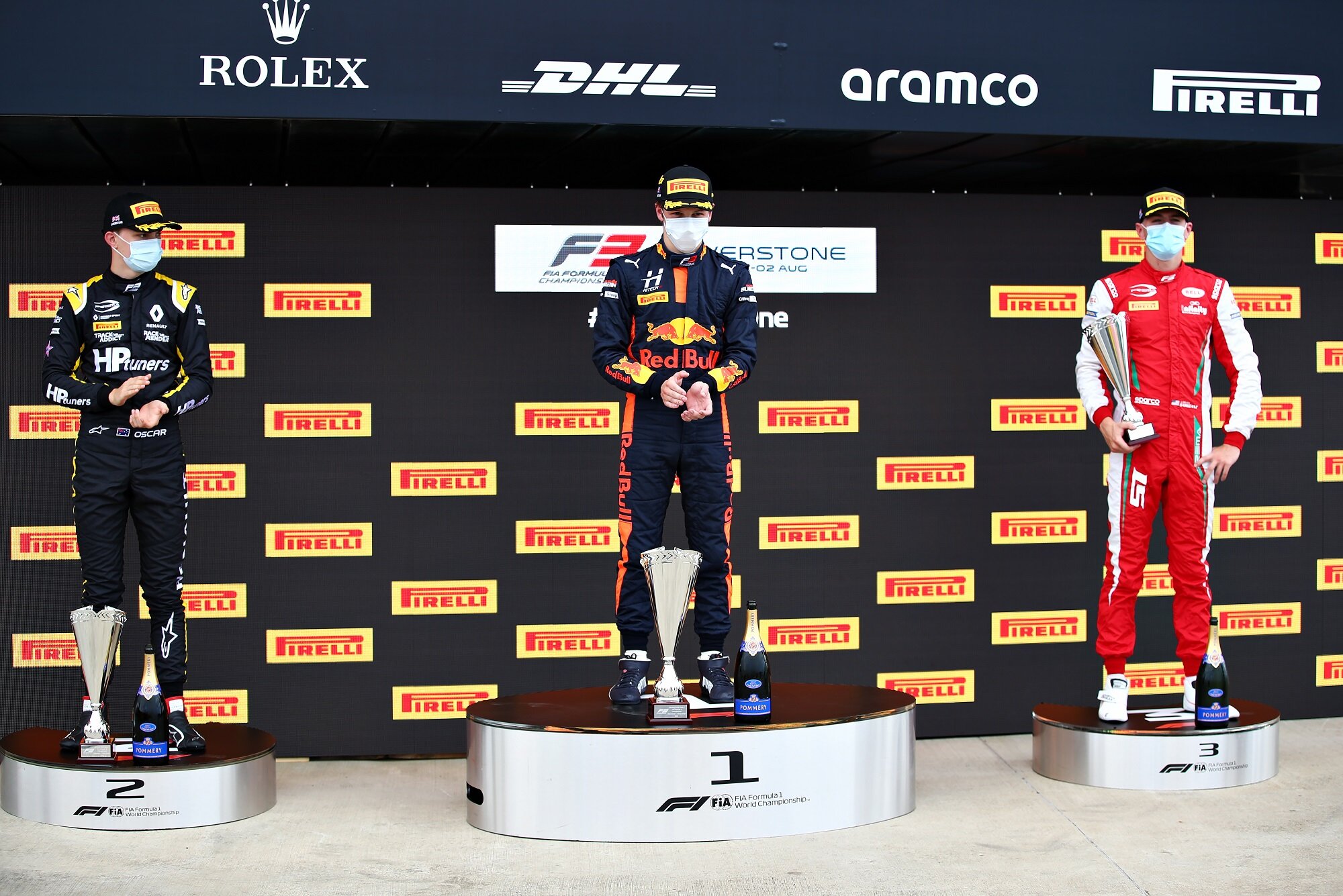 Piastri, Lawson, and Sargeant stand on the podium for Race 1. (Image: Supplied/Formula Motorsport Limited)