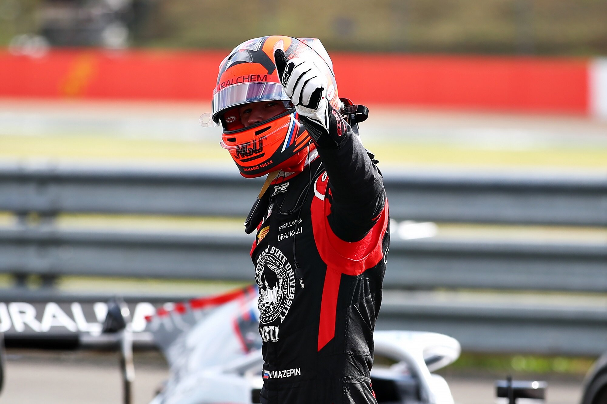 Nikita Mazepin celebrates his first FIA Formula 2 victory at Silverstone. (Image: Supplied/Formula Motorsport Limited)