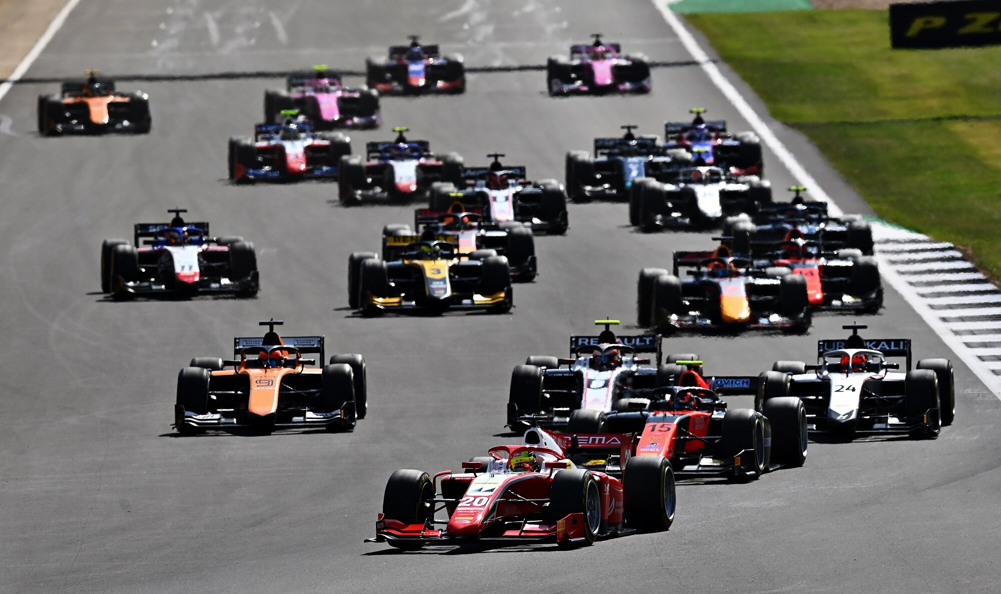 Mick Schumacher surges to an early lead in the FIA F2 Feature Race at Silverstone. (Image: Supplied/Formula Motorsport Limited)