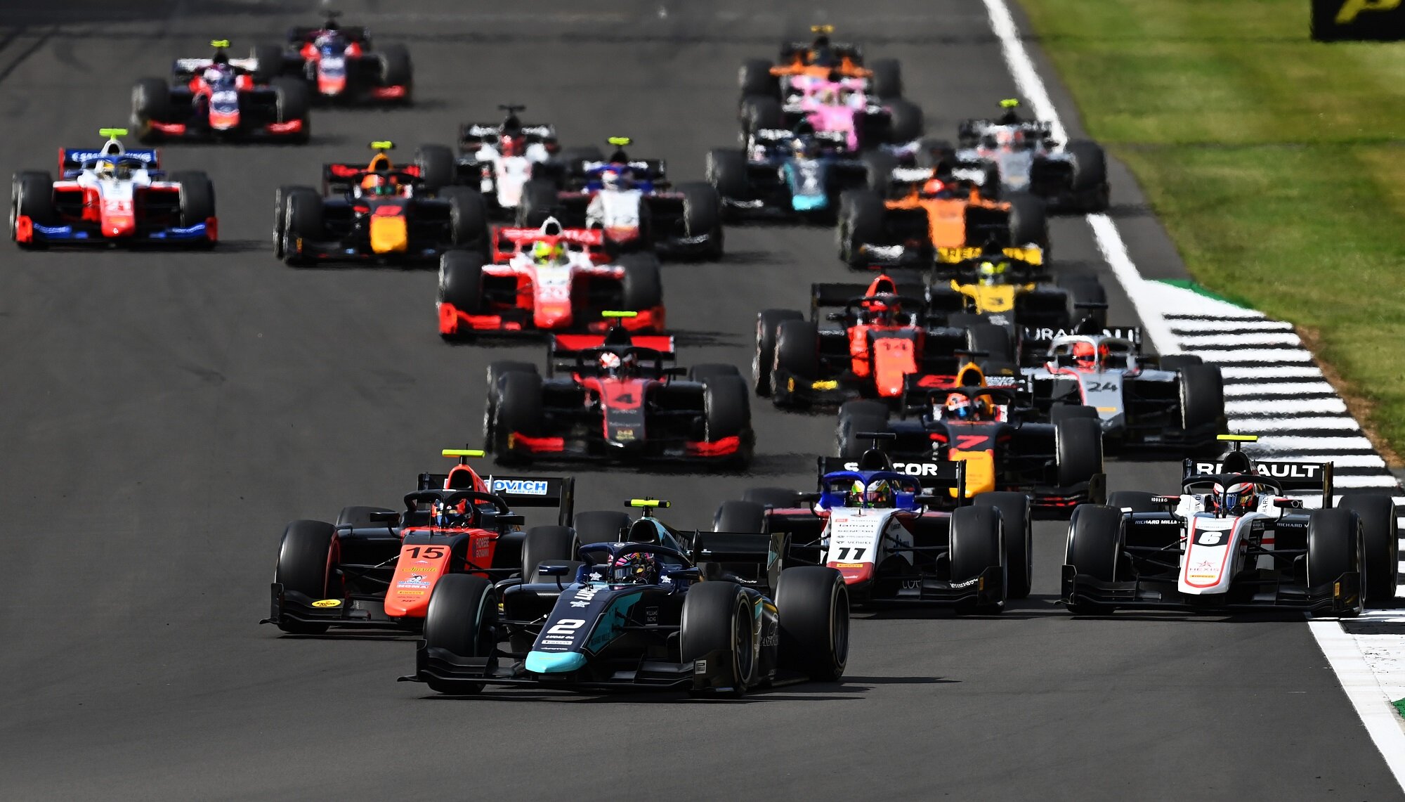 Dan Ticktum leads the field at the start of the FIA Formula 2 Sprint Race at Silverstone. (Image: Supplied/Formula Motorsport Limited)