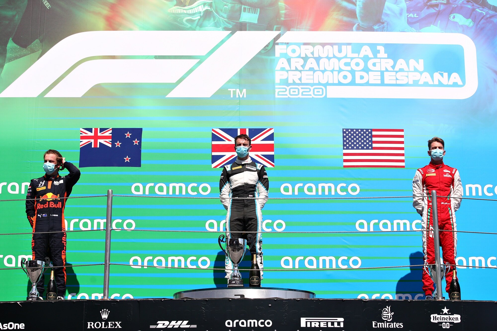 Liam Lawson, Jake Hughes, and Logan Sargeant on the FIA Formula 3 podium in Barcelona. (Image: Supplied/Formula Motorsport Limited)
