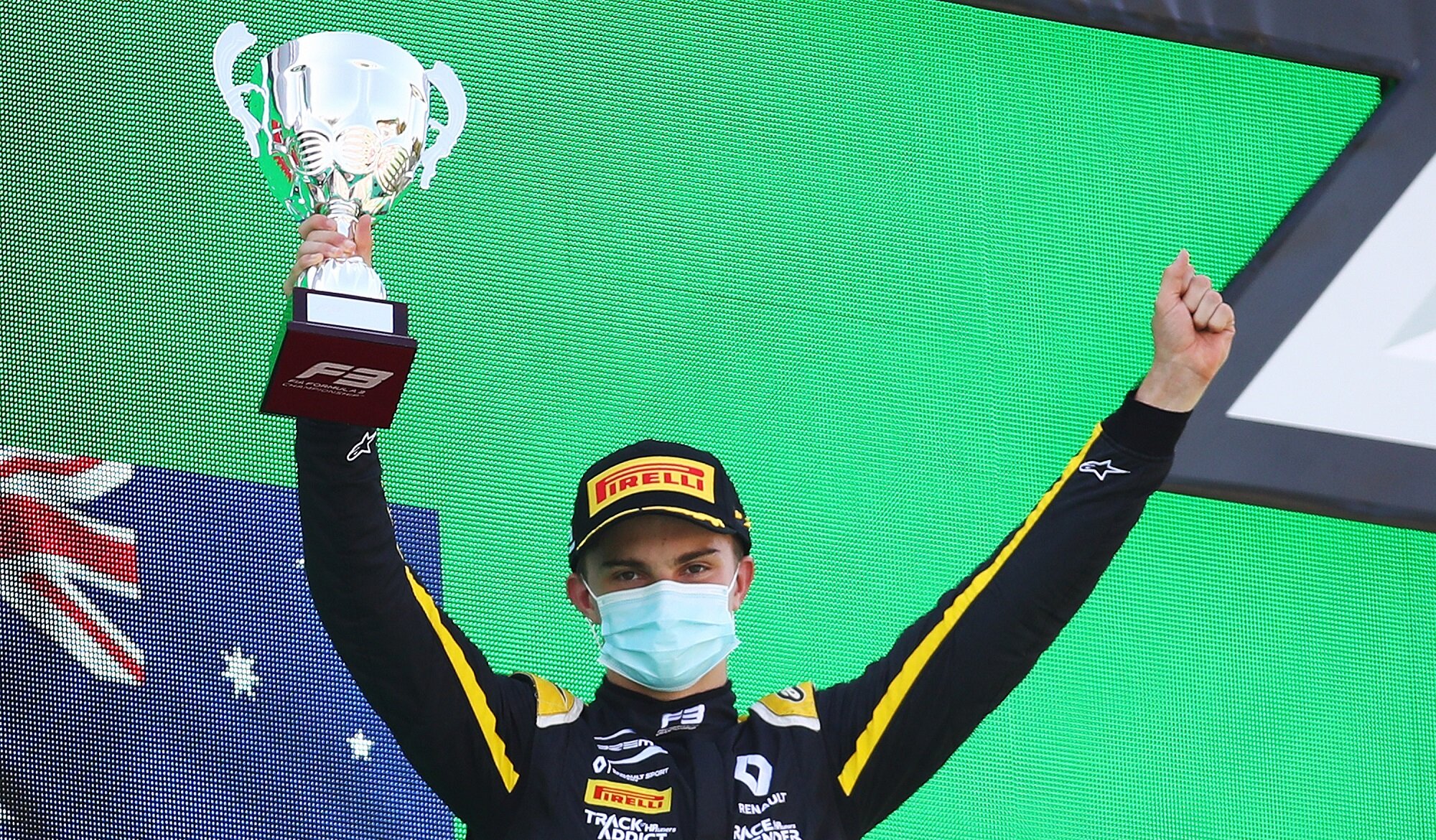 Australian Oscar Piastri celebrates on the FIA Formula 3 podium in Monza. (Image: Supplied/Formula Motorsport Limited)