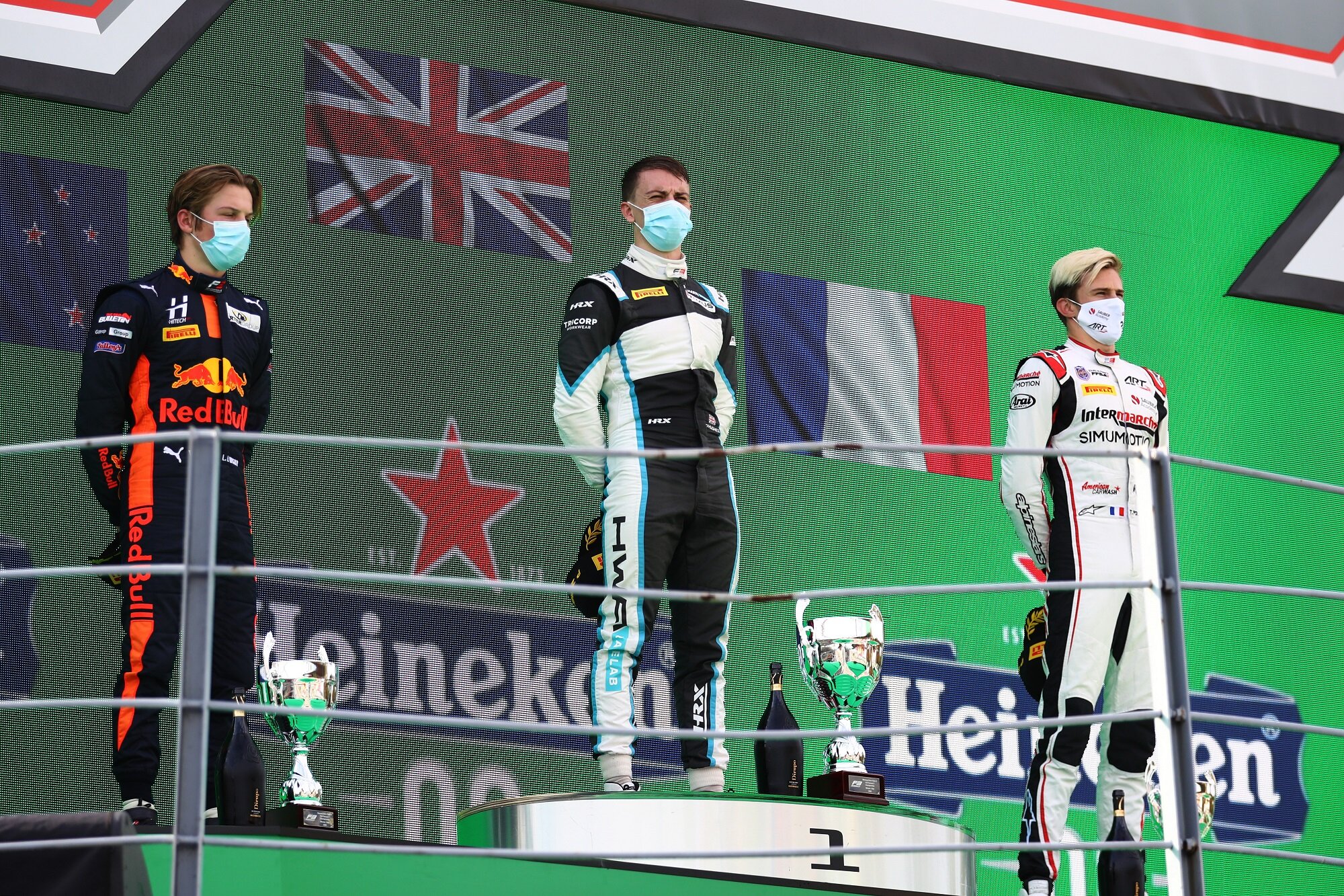 Liam Lawson, Jake Hughes, and Theo Pourchaire on the FIA Formula 3 podium at Monza. (Image: Supplied/Formula Motorsport Limited)