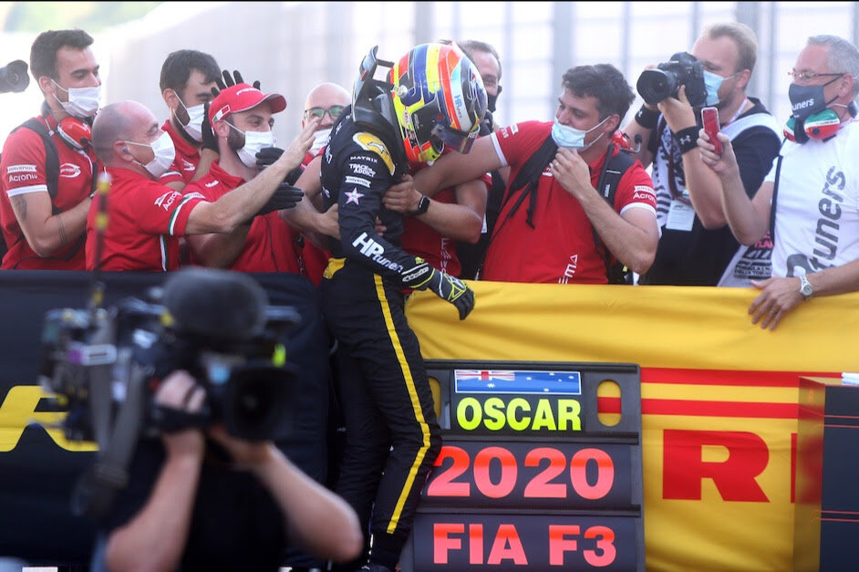 Aussie Oscar Piastri celebrates his FIA Formula 3 Championship with his team PREMA Racing. (Image: Supplied)