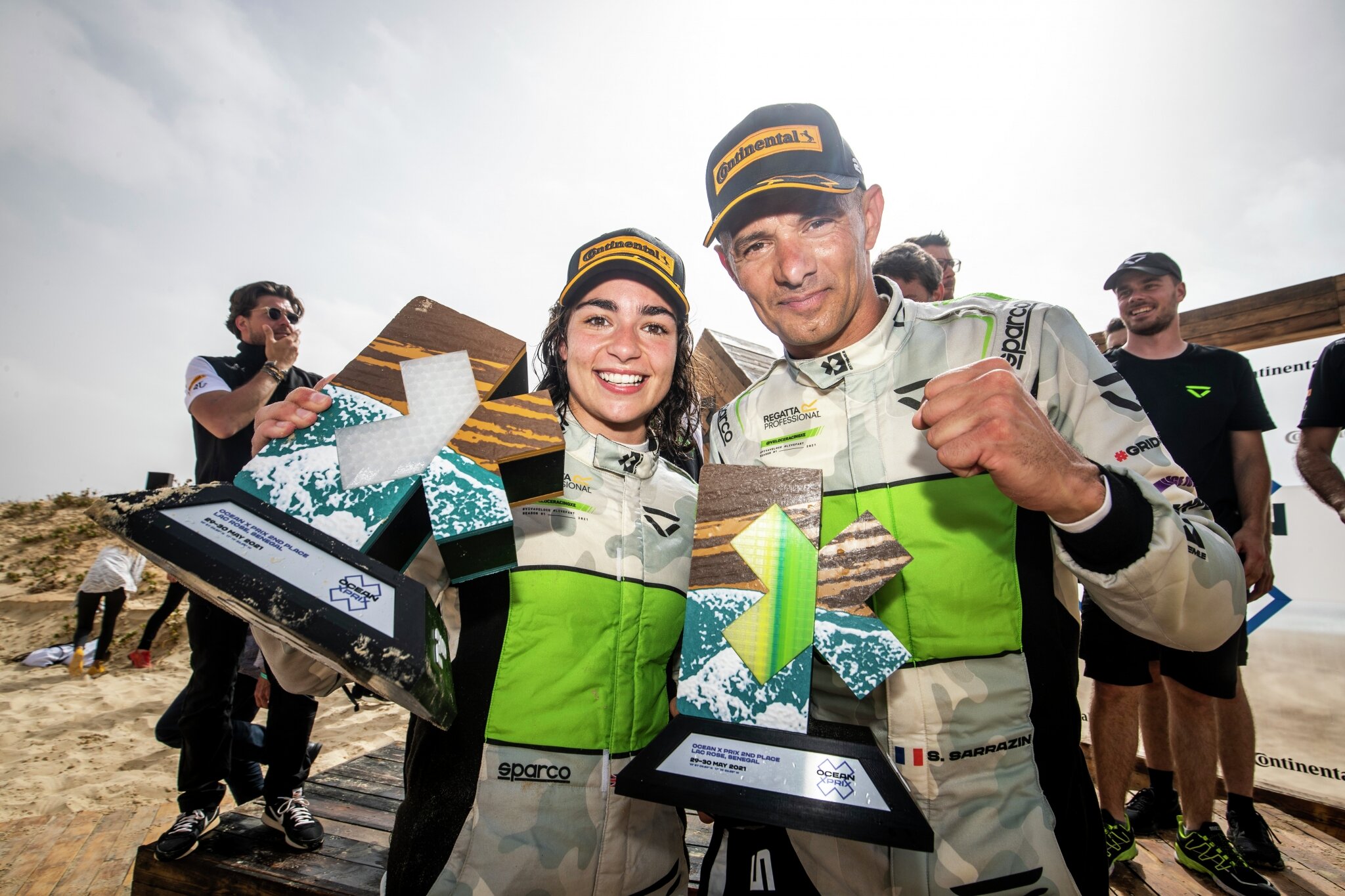 Jamie Chadwick and Stéphane Sarrazin celebrate a second place Extreme E finish for Veloce Racing. (Sam Bloxham/Extreme E)