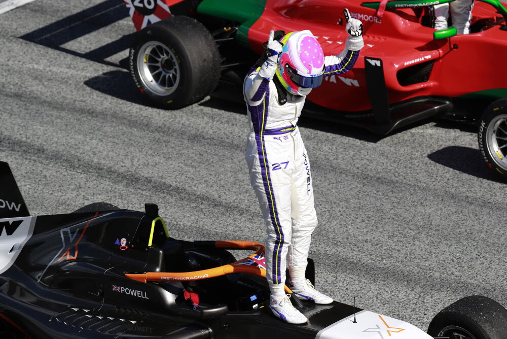 Alice Powell celebrates after winning the W Series opener in Austria. (Supplied)