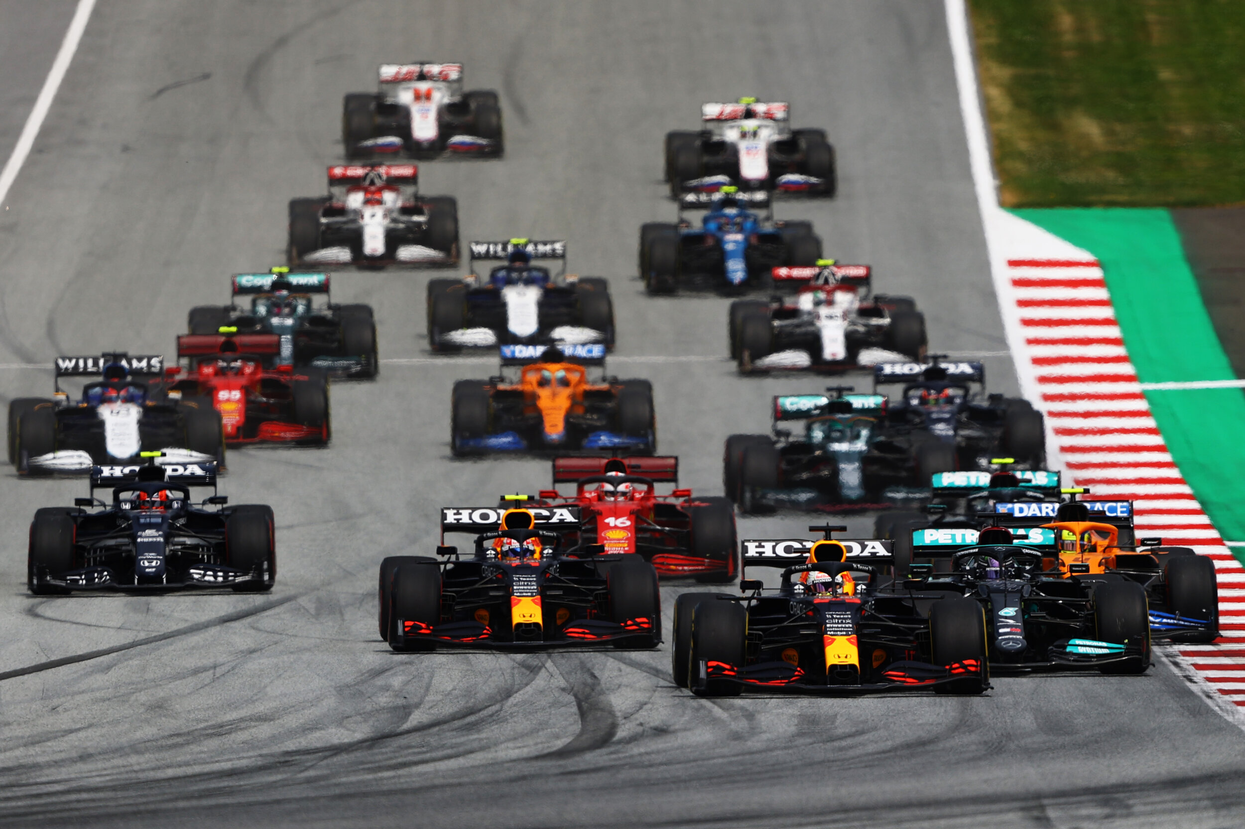 Max Verstappen leads into Turn 1 at the Styrian Grand Prix. (Getty Images/Red Bull Content Pool)
